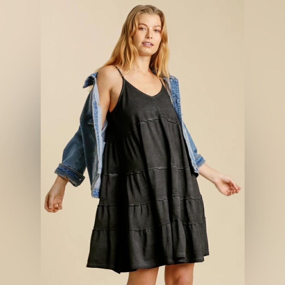 Umgee 100% Cotton Moonlit Walk Tiered Dress - Charcoal Large
